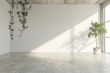 A spacious, modern room features a concrete floor and a large window letting in natural light. Indoor plants add a touch of greenery to the minimalist design.