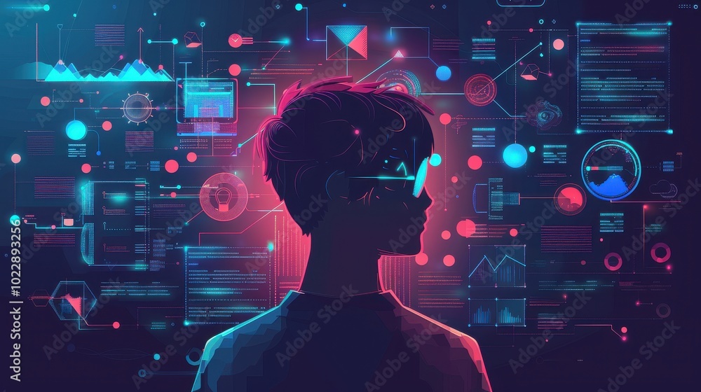 Poster concept of artificial intelligence and machine learning. vector illustration in neon style