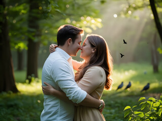 Fototapeta premium a man and woman are embracing in a park.