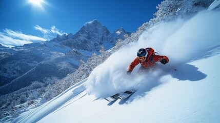 Alpine Ski Adventure: Thrilling downhill skiing in fresh powder snow amidst majestic snow-capped mountains, a breathtaking winter landscape. 