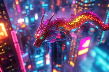 A dragon is flying over a city with neon lights