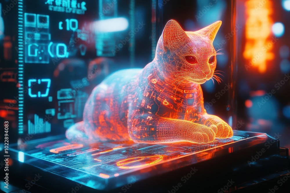 Poster a cat is sitting on a computer monitor with a glowing orange background