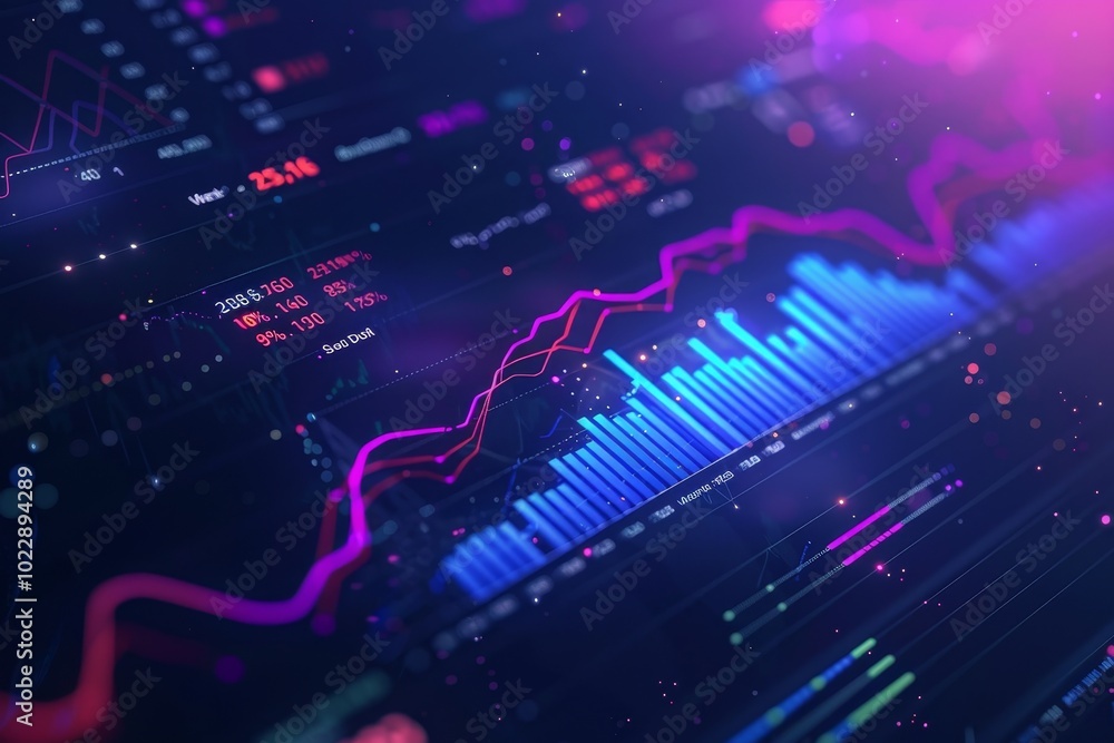 Poster vibrant financial data visualization highlights market trends with colorful graphs and indicators re