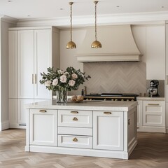 Elegant kitchen interior featuring a central island with flowers, modern decor, and stylish finishes in soft natural light.