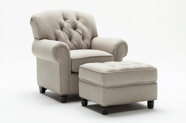 an armchair with a matching ottoman upholstered in soft fabric