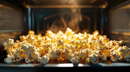 A microwave oven door opening to reveal perfectly popped popcorn, ready for a movie night, [National Microwave Oven Day], [snack time, movie night essentials], ,