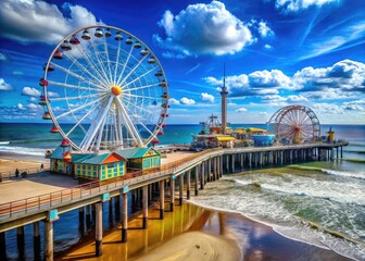 Obraz premium Vibrant Steel Pier Amusement Park Attractions in Atlantic City, New Jersey on a Sunny Day