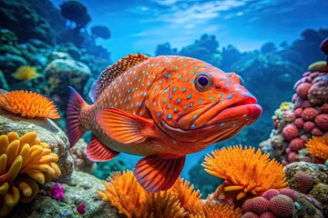 Fototapeta premium Vibrant Strawberry Grouper Fish Swimming in Clear Tropical Waters with Coral Reef Background