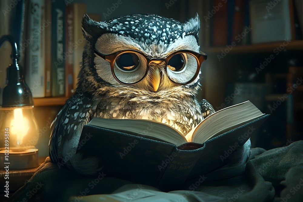 Poster studious owl in cozy study reading a book under reading lamp in surreal