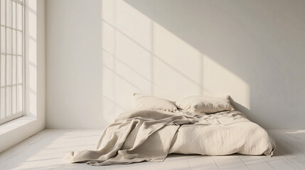 Minimalist bed with one blanket draped casually across the center, framed by empty space and clean, white walls