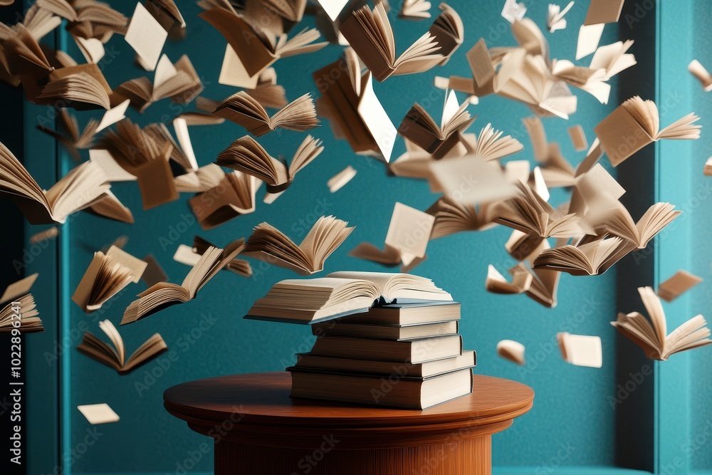 Aufkleber A table with a stack of books and a book open on top of it