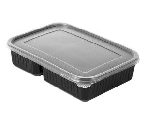 empty black plastic box with transparent lid on a white background