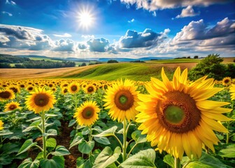 Fototapeta premium Vibrant summer landscape featuring lush green fields, blue skies, and bright sunflowers in full bloom