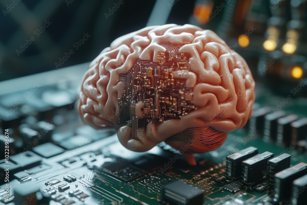 Poster a brain is sitting on a computer board