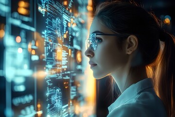 Futuristic Woman Using 3D Hologram for Cyberspace E Learning Webinar and Digital Training