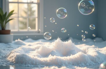 background with soap bubbles and foam with rays of sunlight