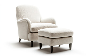 an armchair with a matching ottoman upholstered in soft fabric