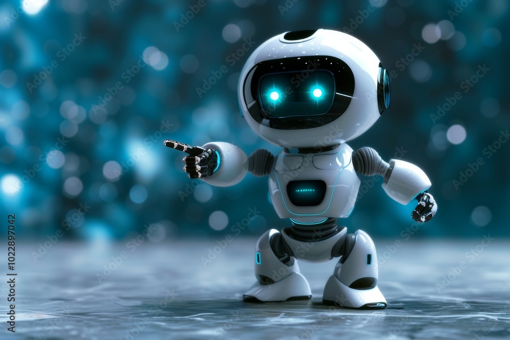 Poster the small robot stands confidently on a sleek surface, its bright blue lights shimmering as it point