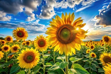 Fototapeta premium Vibrant Sunflowers in Full Bloom Against a Bright Blue Sky Creating a Cheerful Nature Scene