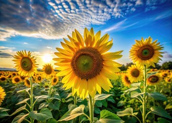 Fototapeta premium Vibrant Sunflowers Blooming in a Field Under Clear Blue Sky on a Bright Sunny Day in Summer