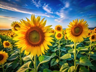 Obraz premium Vibrant Sunflowers in a Field Under Clear Blue Sky, Symbolizing Joy, Warmth, and Natural Beauty