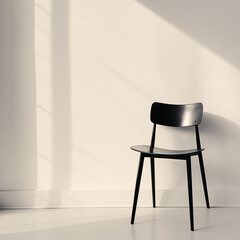 Minimalist black chair against a plain white wall, casting a soft shadow Focus on contrast between the dark chair and the bright background