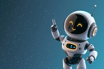 A friendly robot character joyfully points up at the starry sky, embodying a blend of technology and whimsy in a captivating setting.