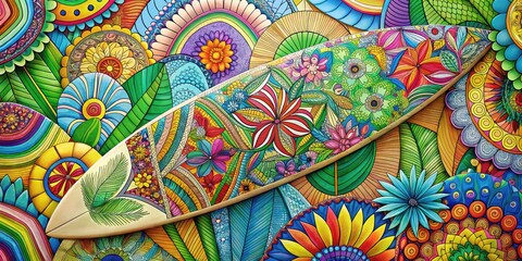 Fototapeta premium Vibrant Surfboard Coloring with Patterns and Shapes for Artistic Creativity and Design Inspiration