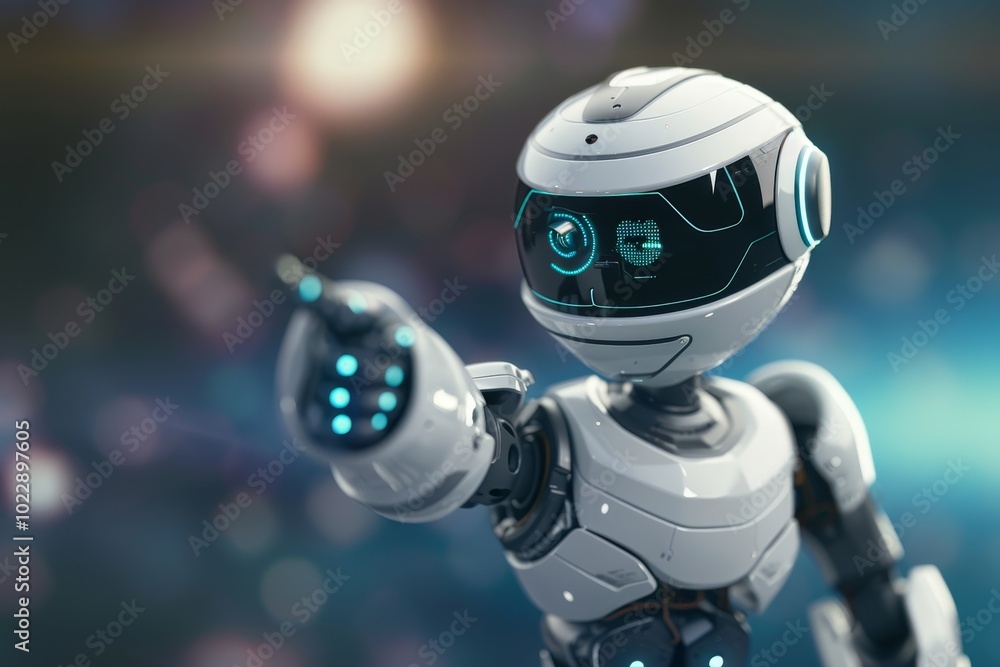 Poster the small robot displays advanced technology as it points with a glowing finger, surrounded by a dyn