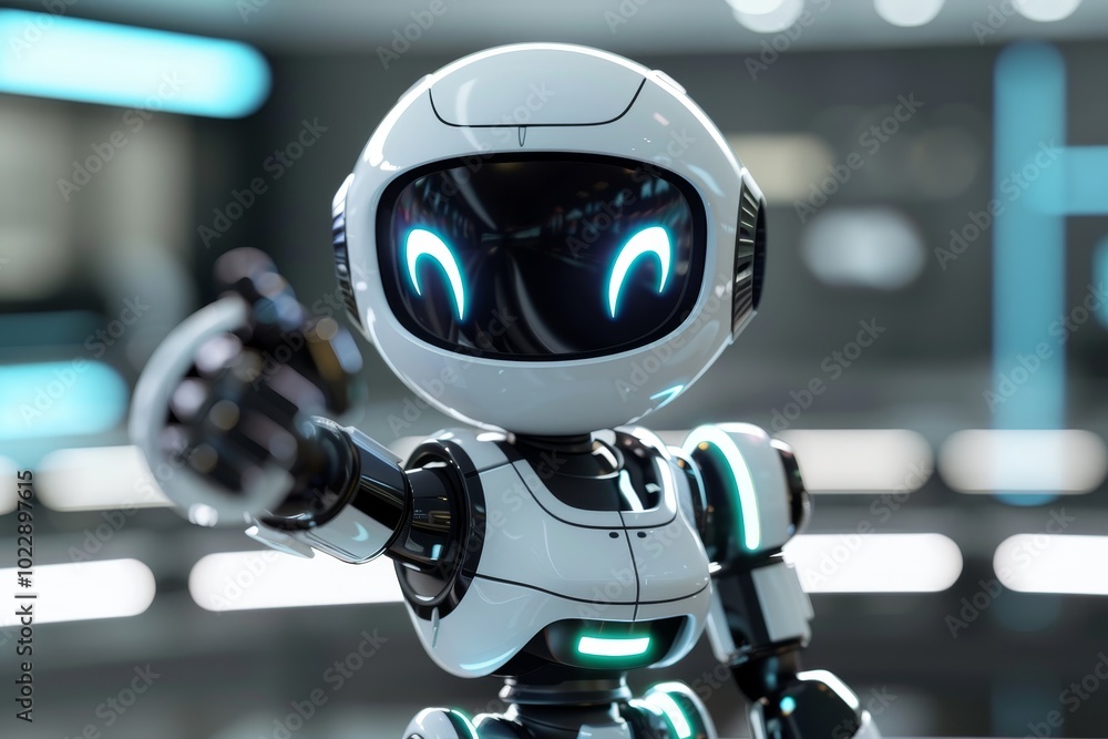 Poster this cheerful robot showcases advanced technology by pointing directly at the viewer, situated in a 
