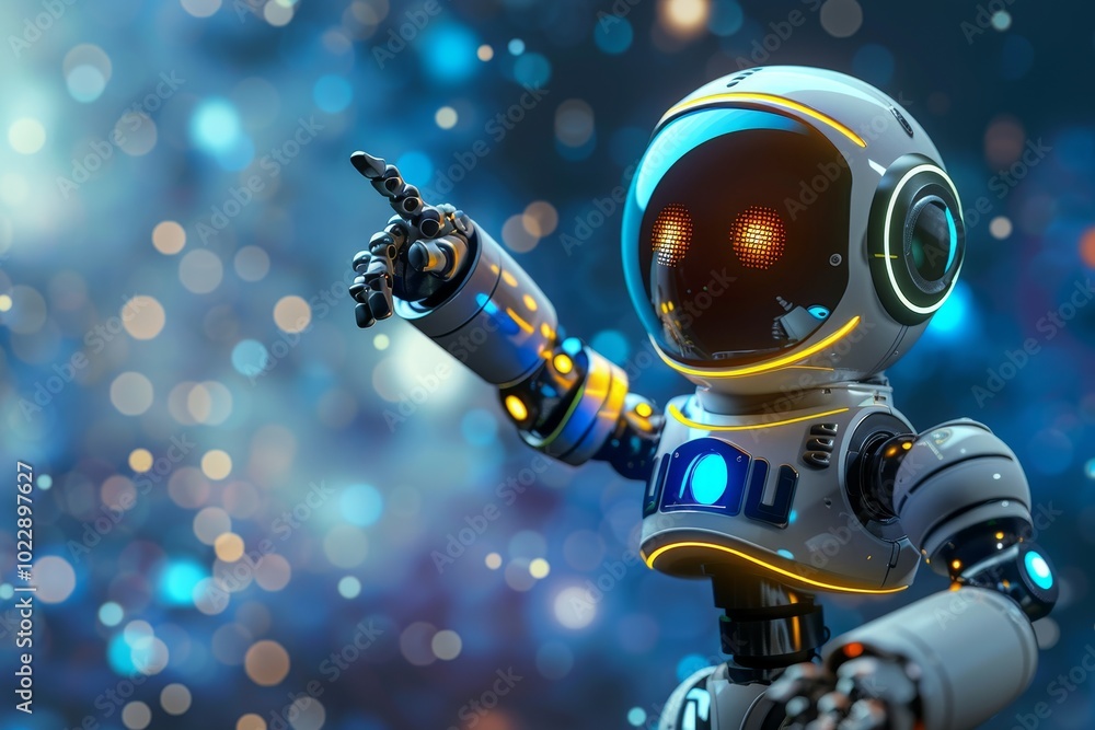 Poster the robot, adorned with illuminated elements, engages with a vibrant backdrop filled with blurred li