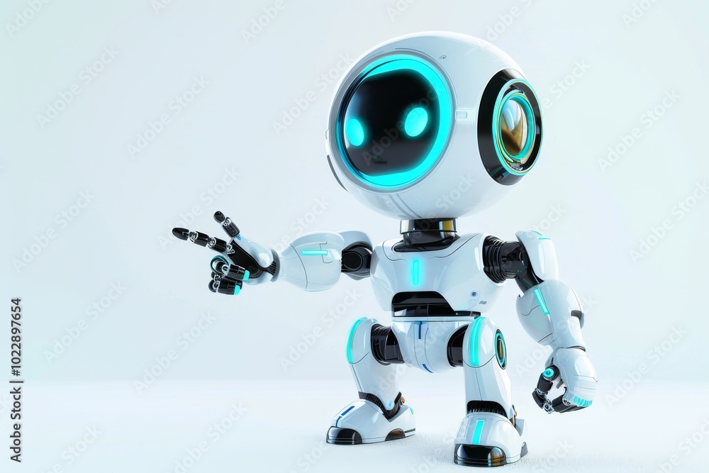 Poster the robot presents a cheerful pose with glowing blue accents, highlighting its playful and advanced 