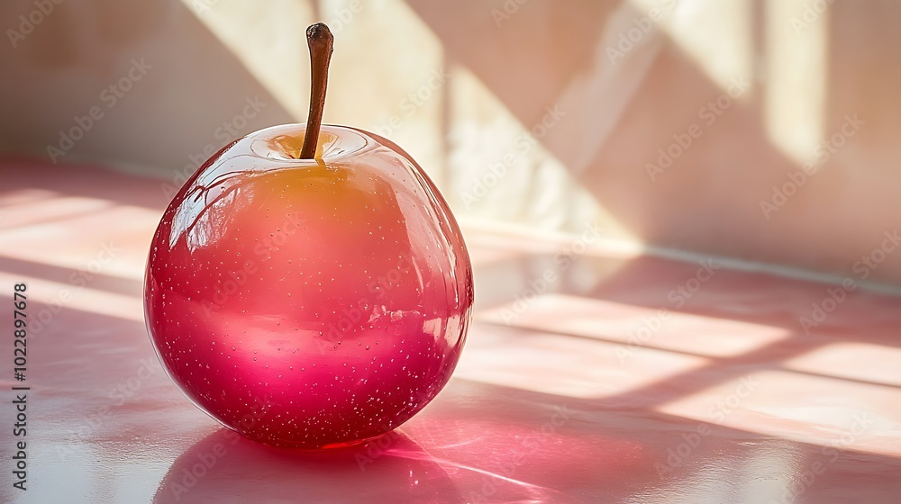 Aufkleber a single red pear sits on a pink countertop with sunlight streaming through a window behind it.