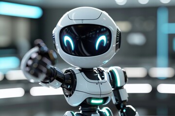 This cheerful robot showcases advanced technology by pointing directly at the viewer, situated in a modern, high-tech exhibition area filled with bright lights.