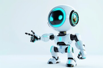 The robot presents a cheerful pose with glowing blue accents, highlighting its playful and advanced technology in a minimalistic setting.