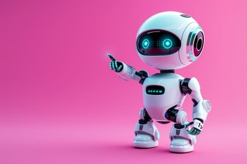 A small, friendly robot with glowing blue eyes and a sleek design points playfully against a vivid pink background, embodying a charming and futuristic aesthetic.