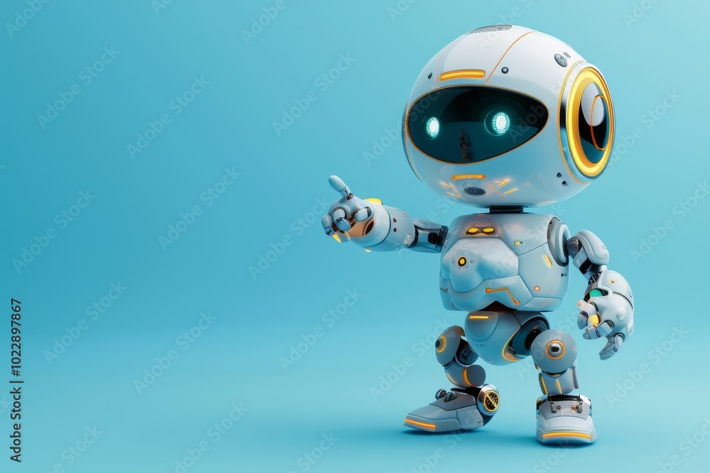 Poster a small, friendly robot stands on a vibrant blue background, pointing and appearing interactive. its