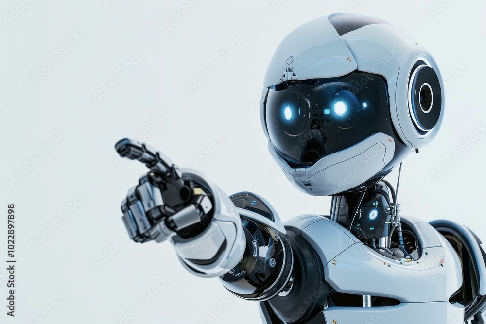 Poster in a sleek and modern setting, a humanoid robot with bright, expressive eyes points, suggesting inte