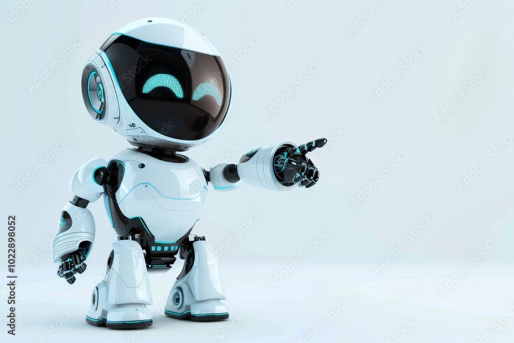 Poster a small humanoid robot with a friendly design points as if interacting with its surroundings, showca