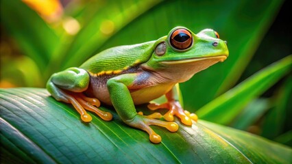 Fototapeta premium Vibrant Tadpole Tree Frog Sitting on a Leaf in a Lush Green Environment with Natural Lighting