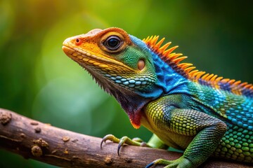 Fototapeta premium Vibrant Taegu Lizard on a Branch in Its Natural Habitat Surrounded by Lush Green Foliage