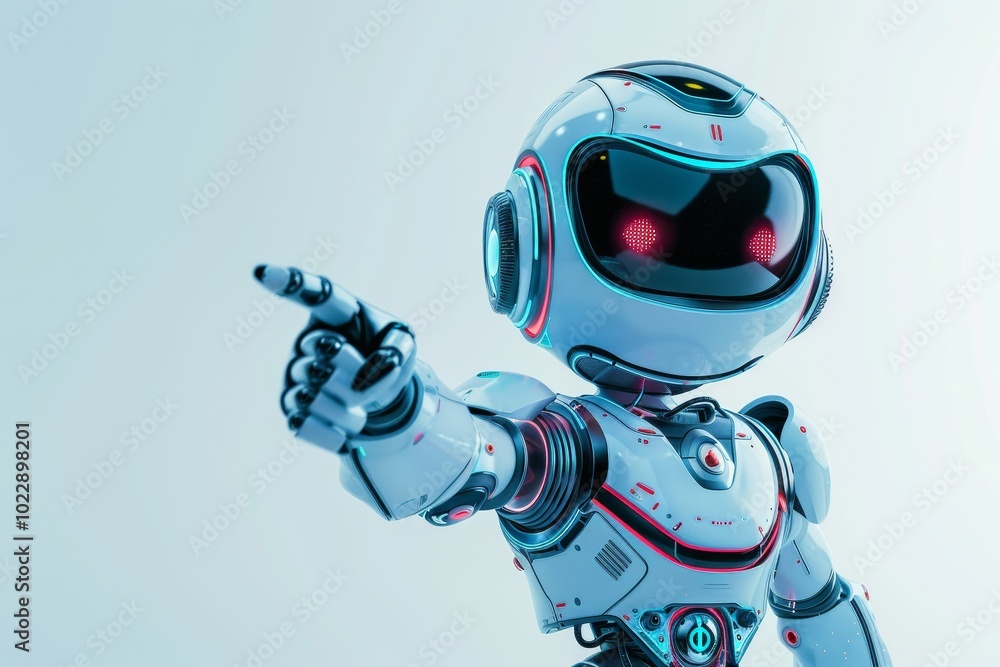 Poster a small, futuristic robot with a polished design points directly ahead, demonstrating a friendly dem