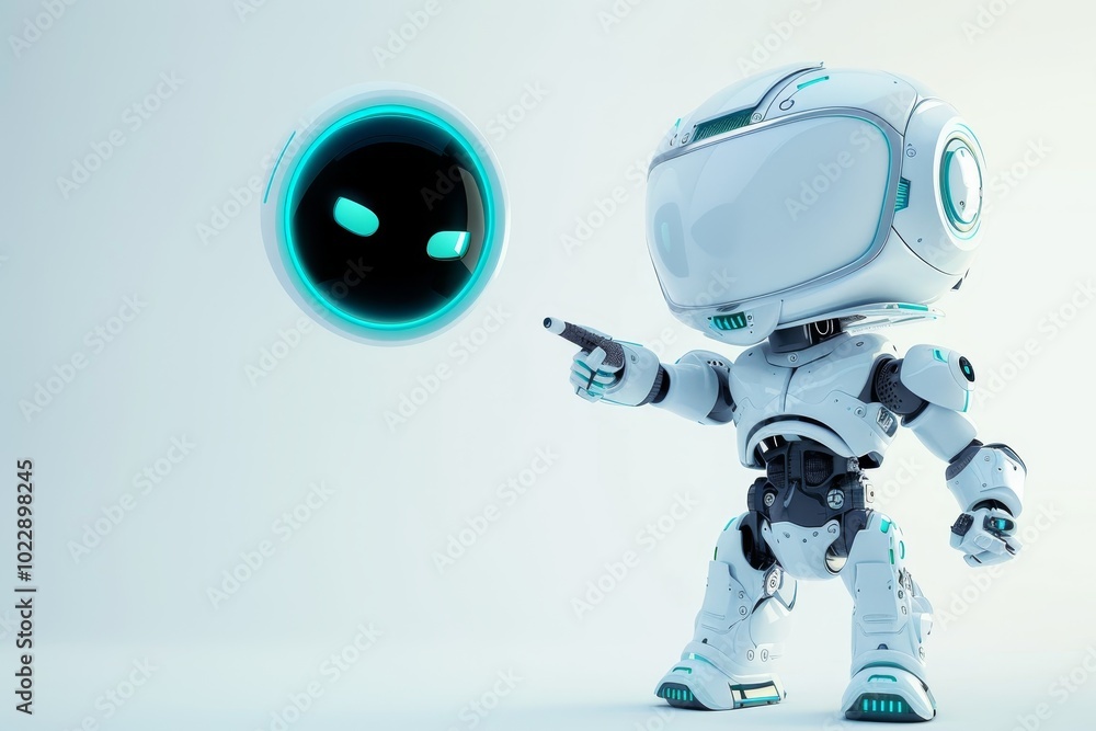 Aufkleber a small, futuristic robot, wearing a sleek helmet, points toward a hovering orb with glowing feature