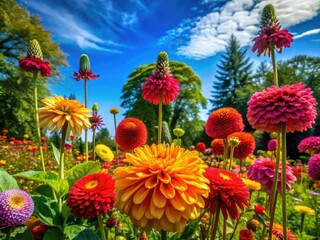 Obraz premium Vibrant Tall Flowers in a Lush Garden Setting, Showcasing Nature's Beauty and Colorful Blooms