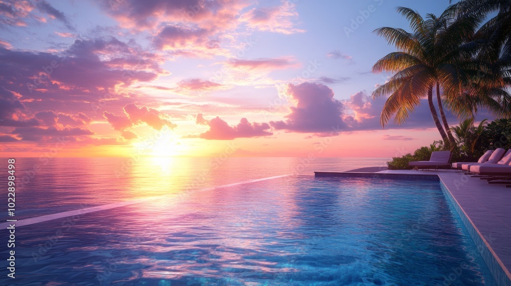 Poster a beautiful sunset over the ocean with a palm tree in the background