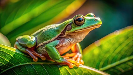 Obraz premium Vibrant Texas Tree Frog Sitting on a Green Leaf in its Natural Habitat in the Warm Southern Sunlight