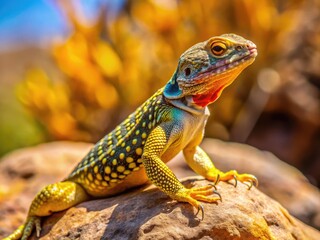 Fototapeta premium Vibrant Texas Yellow Spotted Lizard Sunbathing on a Rock in its Natural Desert Habitat