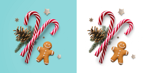 Christmas design element composition with fir tree branches and holiday ornament on transparent.