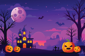 Fototapeta premium Rainbow Sunset Halloween Bats Pumpkins Night