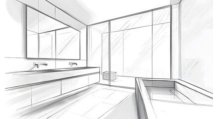 Fototapeta premium Sketches of a bathroom interior design, featuring a perspective view with a double sink and bathtub, a large mirror, and a modern style